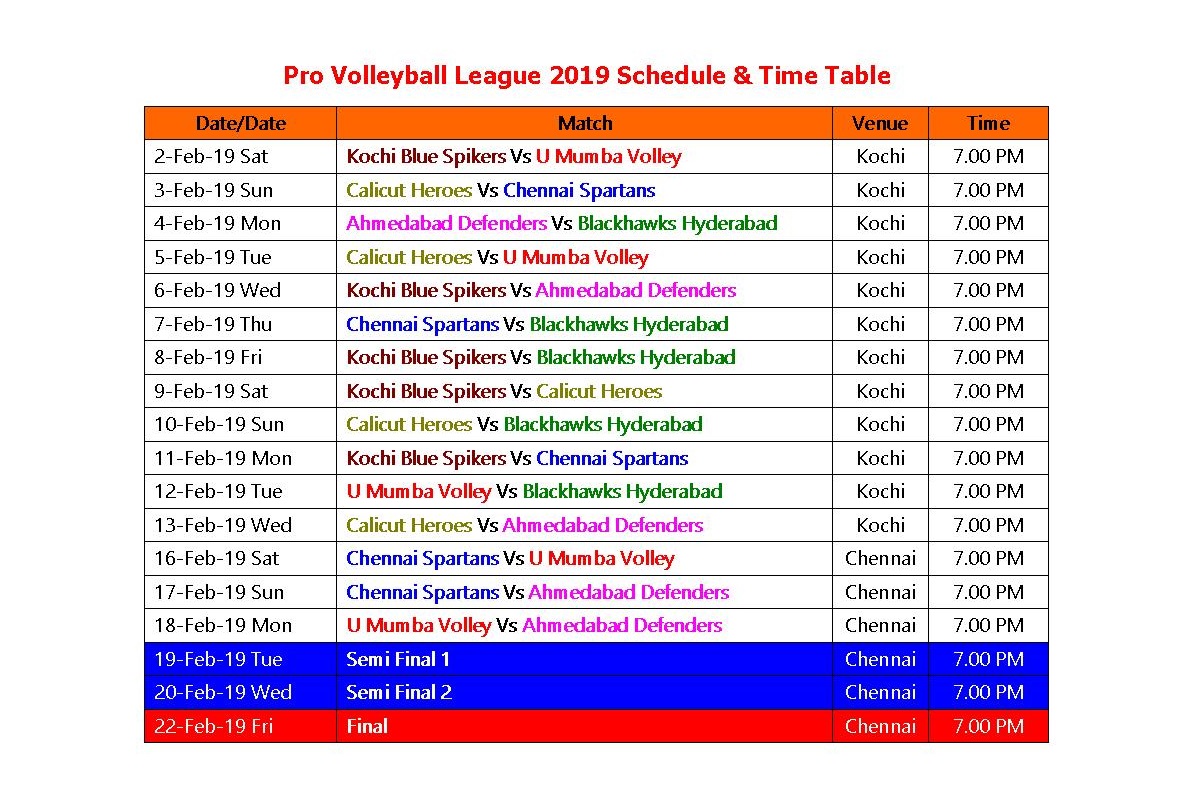 Learn New Things Pro Volleyball League 2019 Schedule & Time Table