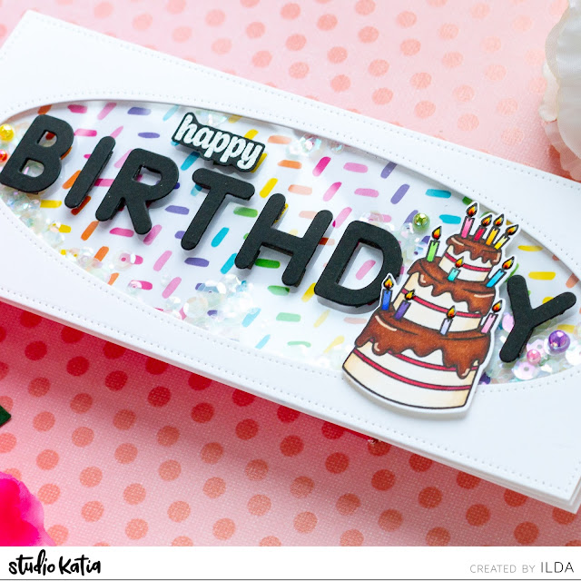 Happy Birthday Slimline Shaker Card, Studio Katia, Slimline Card, Birthday, Shaker Card, Card Making, Stamping, Die Cutting, handmade card, ilovedoingallthingscrafty, Stamps, how to, Rainbow, Mini Birthday Cake, Chunky Alphabet, 