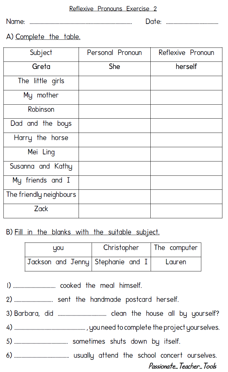 Passionate Teacher Tools Reflexive Pronouns Exercise 2 With Answers 