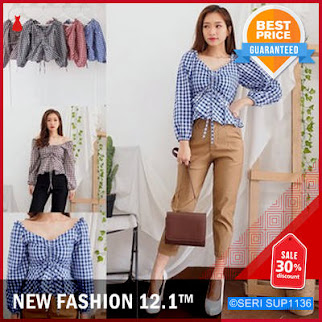 SUP1136P36 Plaid Drawstring Peplum Blouse Pakaian Baju BMGShop