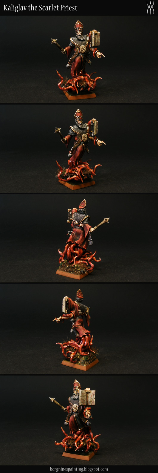 A compilation of photos showing WH40k miniature Taddeus the Purifier converted to be used as a pagan, flesh-horror-related priest. He's holding a book and a mace, while wearing a red and black robe with golden trim, with red and fleshy tentacles erupting from below him - evoking the feeling of Karcists and Sarkicism from the SCP Universe. The miniature is visible from several angles.