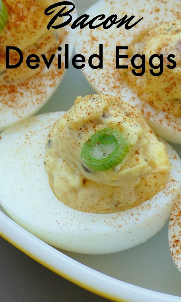 Easy Bacon Deviled Eggs Recipe! Look no further for your new favorite game day, party or holiday appetizer! This easy recipe is full of delicious bacon, basil, garlic and more!