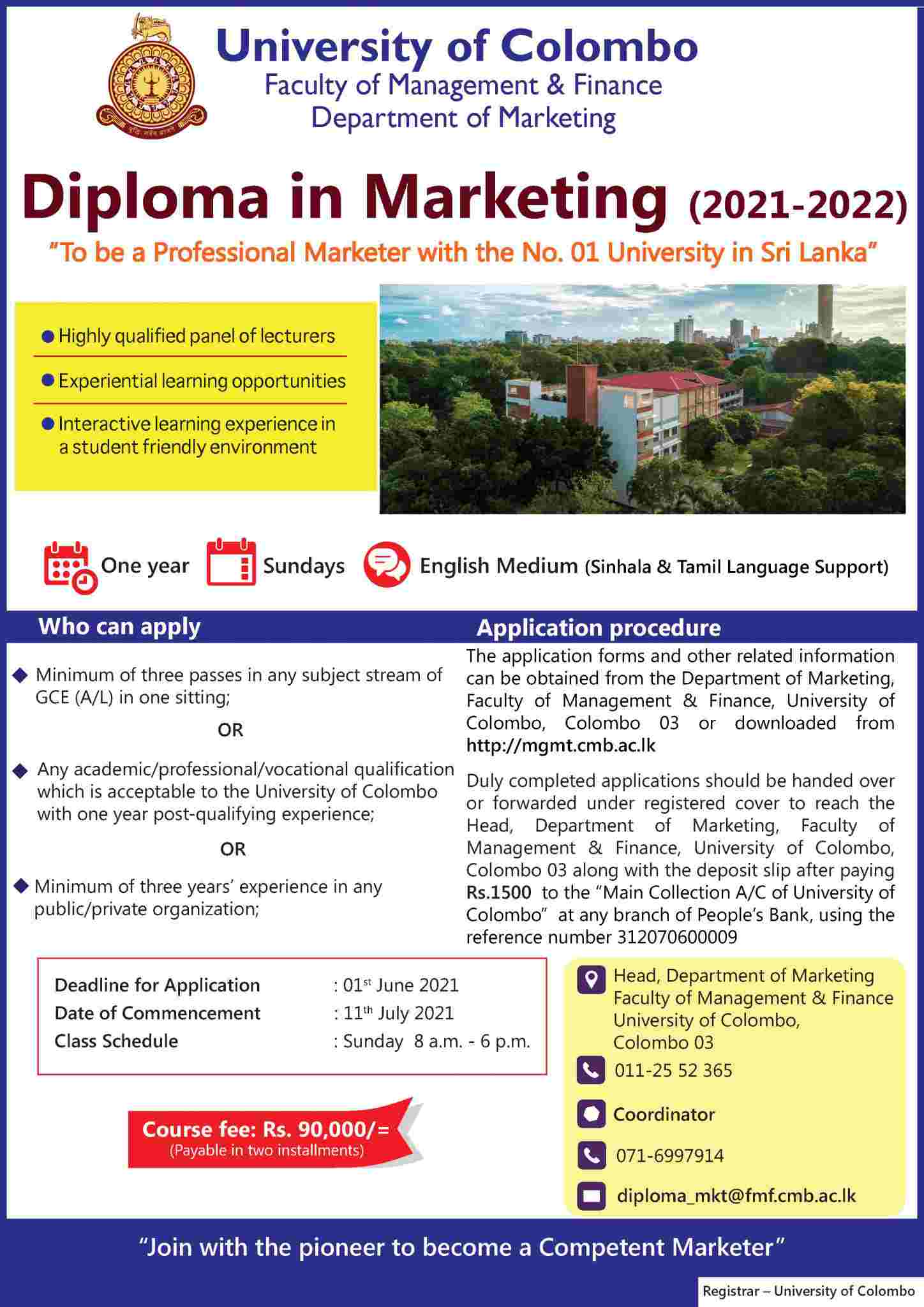 Diploma in Marketing 2021 - University of Colombo - English Notice