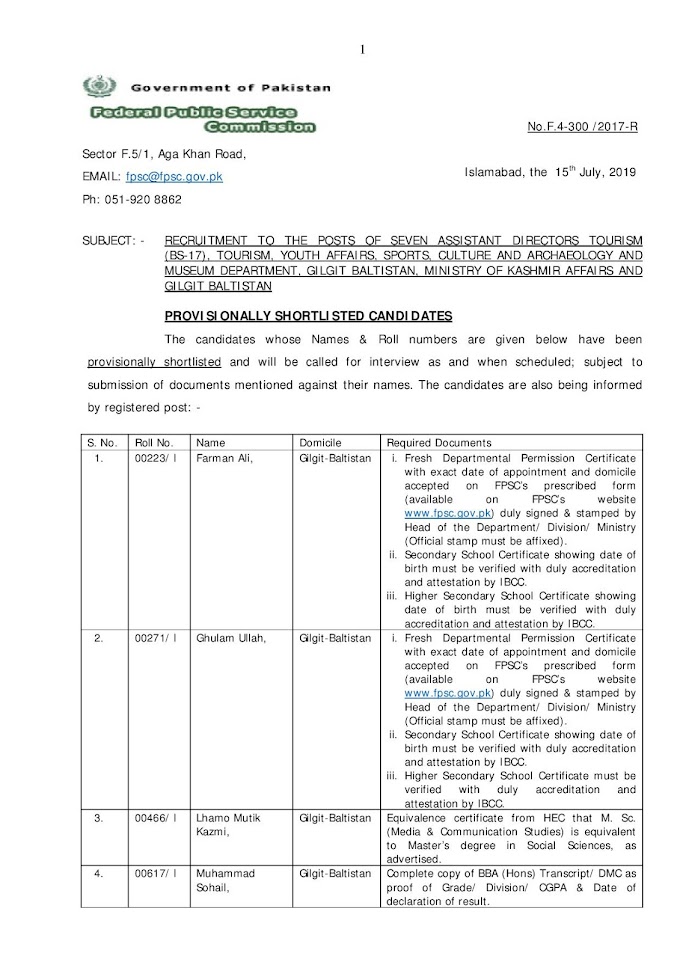 FPSC announced written test result and provisionally Shortlisted and will be called for interview of 07 post of Assistant Director tourism (BS-17) .