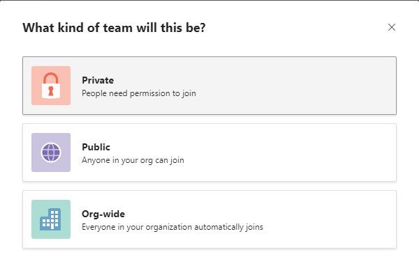 creare un team privato e modificare la privacy in Microsoft Teams