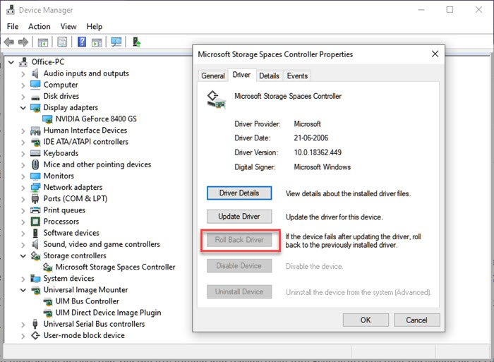 Controlador de reversión de Windows 10