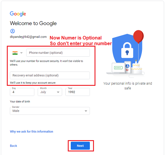 create Gmail ID without number