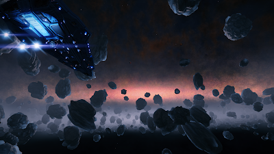 a python type space ship in an asteroid ring with the galactic plane in the background