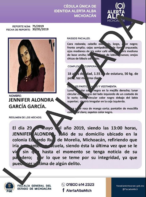 Localiza Fiscalía de Michoacán a joven reportada como desaparecida en Morelia
