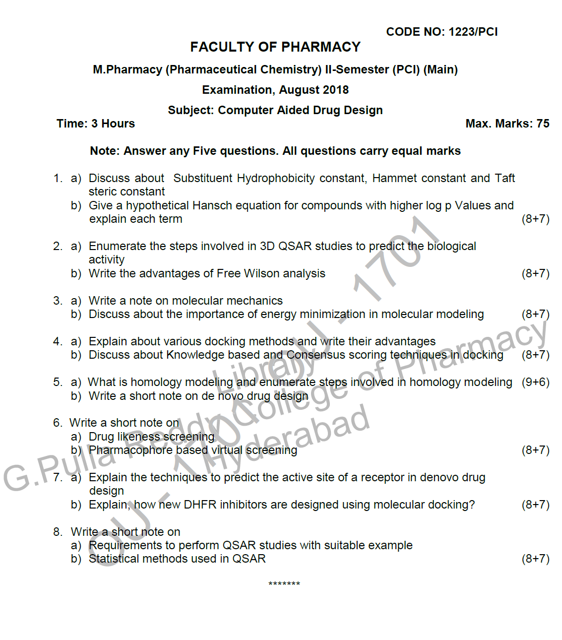 Osmania University M. Pharmacy (Pharmaceutical Chemistry) IISemester