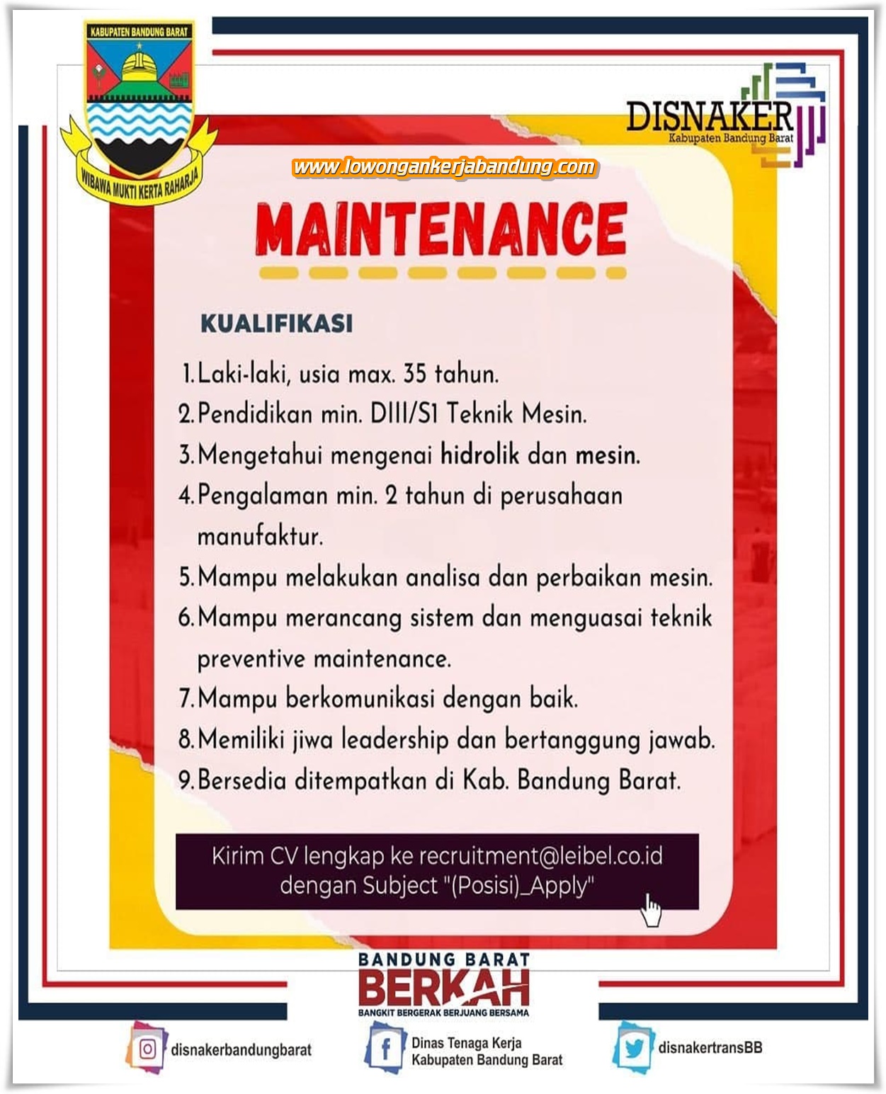 Gambar untuk Lowongan Kerja Maintenance Bandung - Loker Bandung Hari Ini