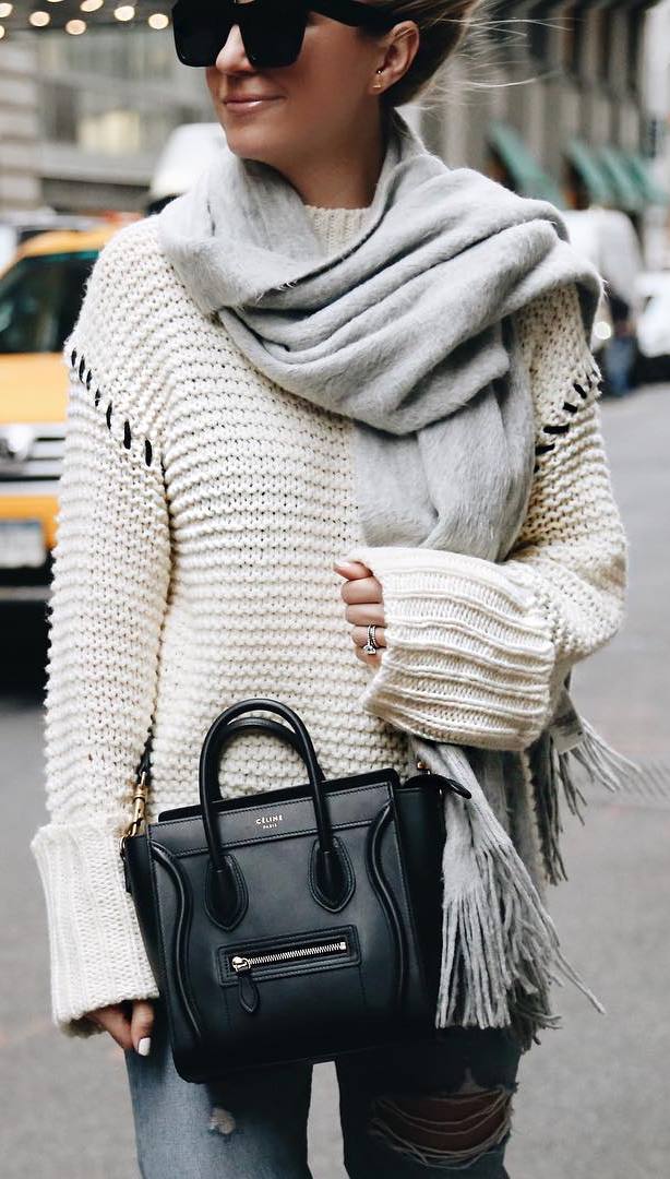 how to style a cashmere scarf : white knit sweater + bag + rips