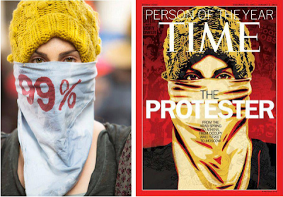 Original photo is a white woman with a knit hat and 99% stenciled on her face covering, no background in focus; cover illustration has no 99% on covering and added elements of conflict in background