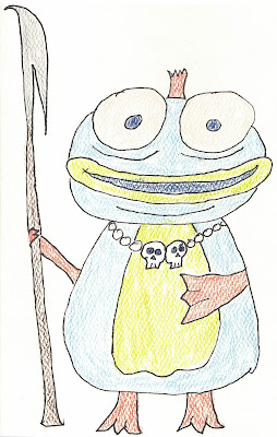 Pen and crayon drawing of a short, round little fish person creature. They have big bug eyes, mouth slightly agape in a friendly / clueless expression, and a necklace with two skulls on it. They are holding a long spear and are mildly threatening and welcoming at the same time.