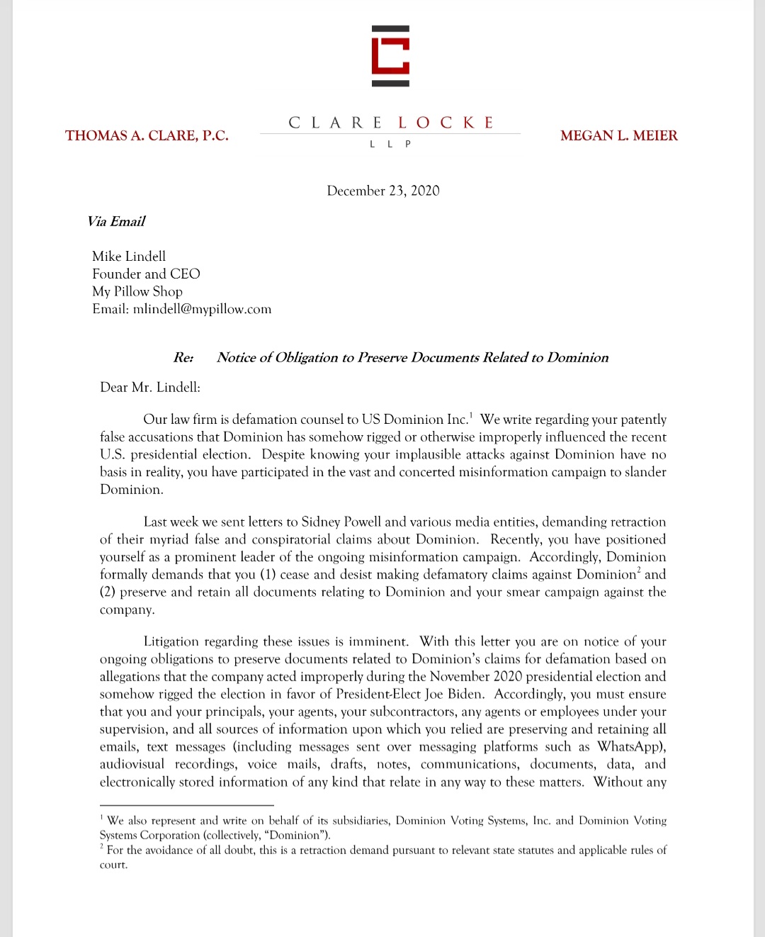 John Chiv Dominion sends cease and desist letter to My Pillow CEO