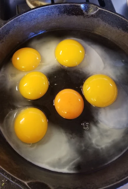 eggs frying in cast iron skillet