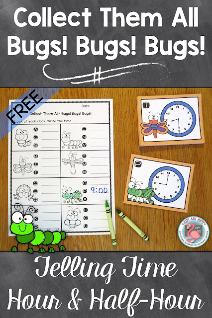 Enjoy this free bug themed small group task card math activity with a twist, for practicing or reviewing telling time to the hour and half-hour; perfect for first grade, summer review, or the beginning of second grade. 