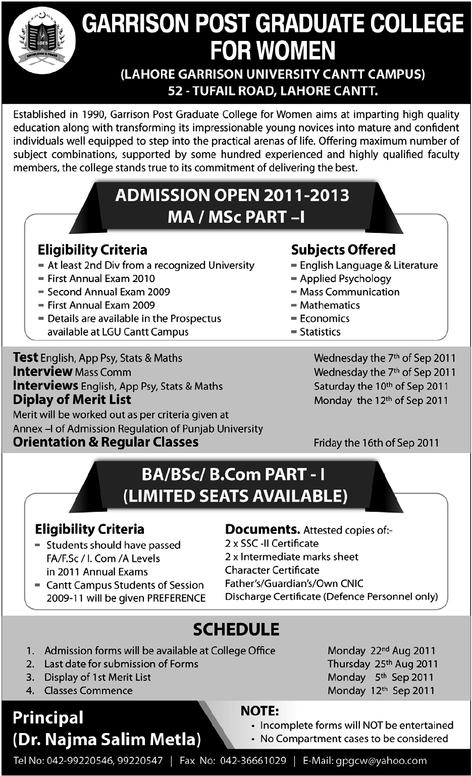 Admission In Pakistan Garrison Post Graduate College For Women Lahore