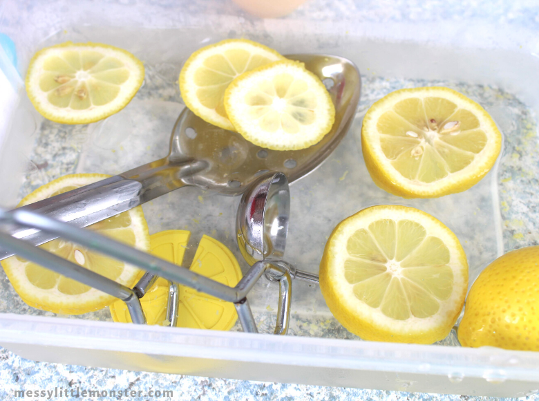 lemon water play sensory bin for preschoolers