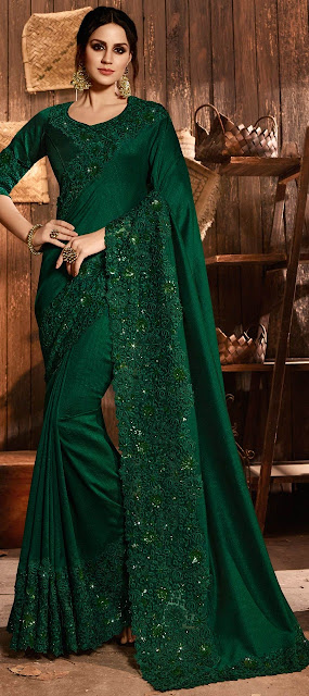 Emerald Green French Chiffon saree with Swarovski