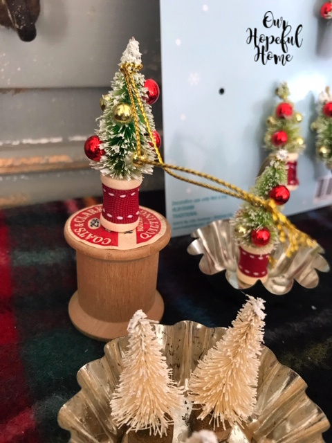 Our Hopeful Home: Farmhouse Christmas Crafts Using Bottle Brush Trees,  Vintage Spools and Mini Baking Tins
