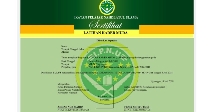 Contoh Sertifikat Latihan Kader Muda PELAJAR NU NGRONGGOT