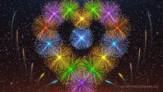 Colorful Heart Firework Explosions And Smoke Tails On Dark Orange Starry Night Sky