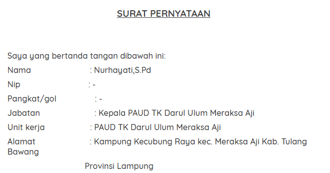 Surat Pernyataan Aktif Mengajar Guru Honorer Paud Tk 2019 2020 Ruang Informasi Omibok