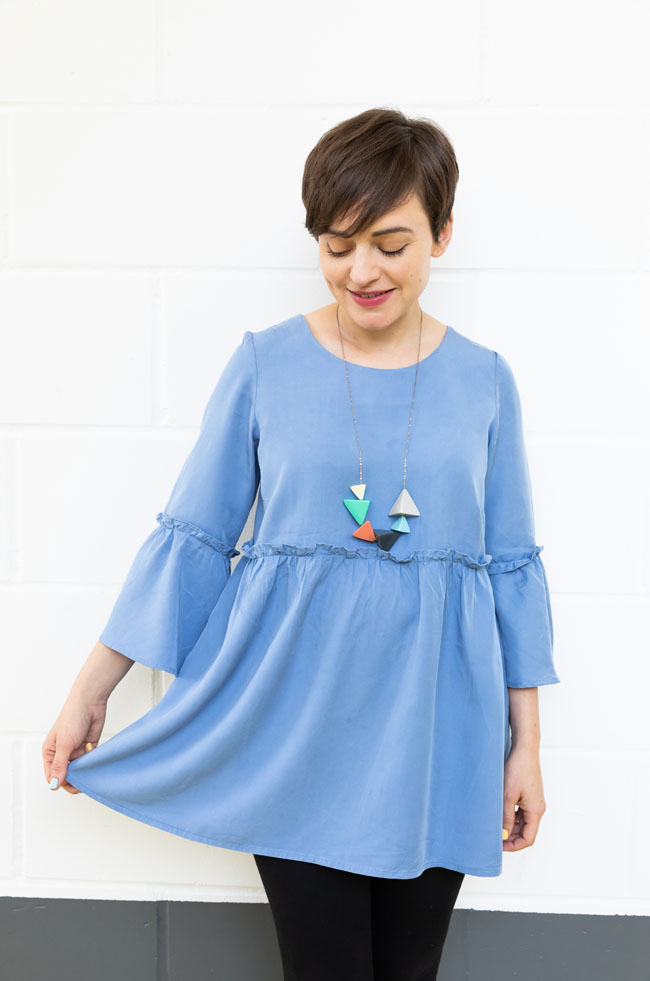 Tilly's blue Tencel Indigo smock - sewing pattern by Tilly and the Buttons