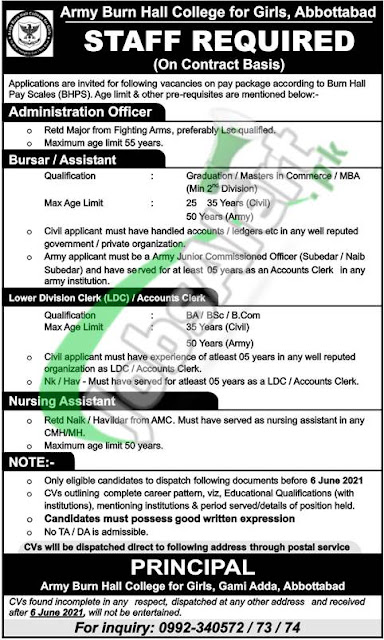 Today jobs in Army Burn Hall College june 2021, download Application form online