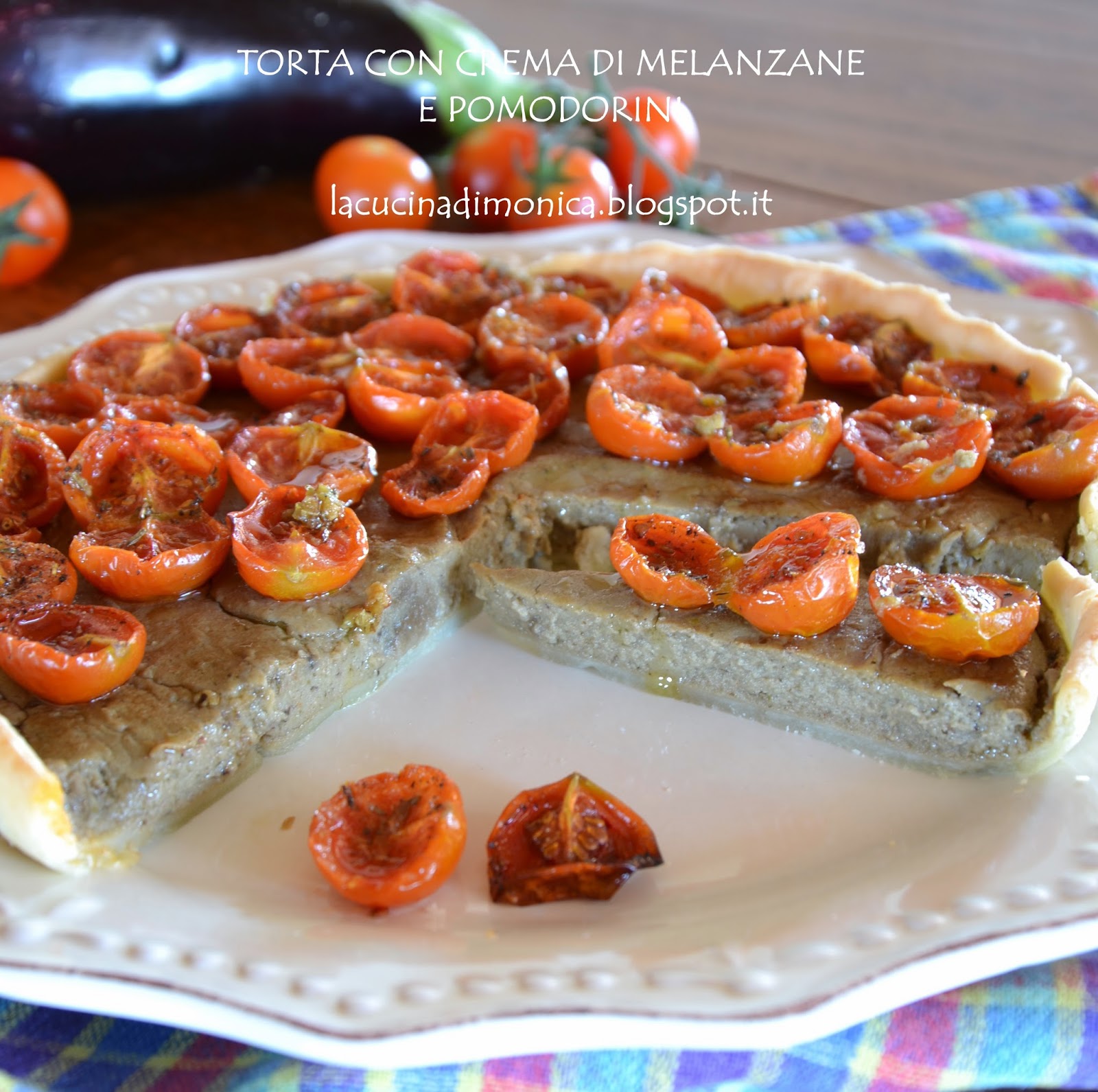 torta con crema di melanzane e pomodorini