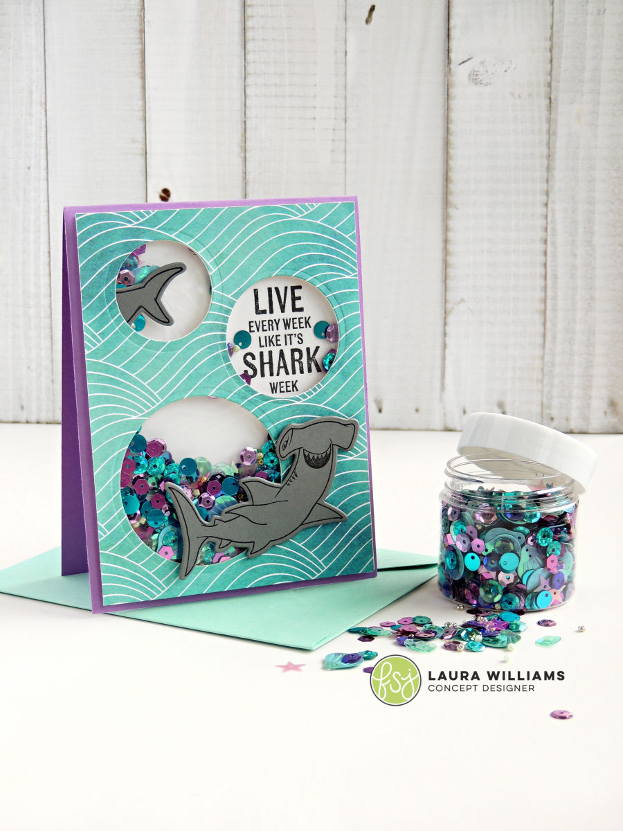 Make a shaker card with circle die-cuts and shark stamps from Fun Stampers Journey - perfect for Shark Week fans! #sharkweek #shakercard #funstampersjourney