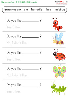 MamaLovePrint 主題工作紙 - 昆蟲 Insects - 中英文幼稚園工作紙 Kindergarten Theme Worksheet Free Download Bugs Ladybug Bee Butterfly Any Grasshopper Spider