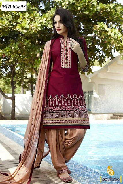 Indian ethnic wear maroon color chiffon embroidery work punjabi patiala salwar suit online shopping at cheap cost with great discount sale