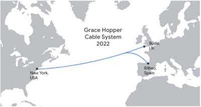 Mapa del sistema de cableado submarino Grace Hopper en 2022 que conecta Nueva York, Bude y Bilbao.