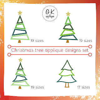 Christmas tree applique designs - set of four embroidery designs