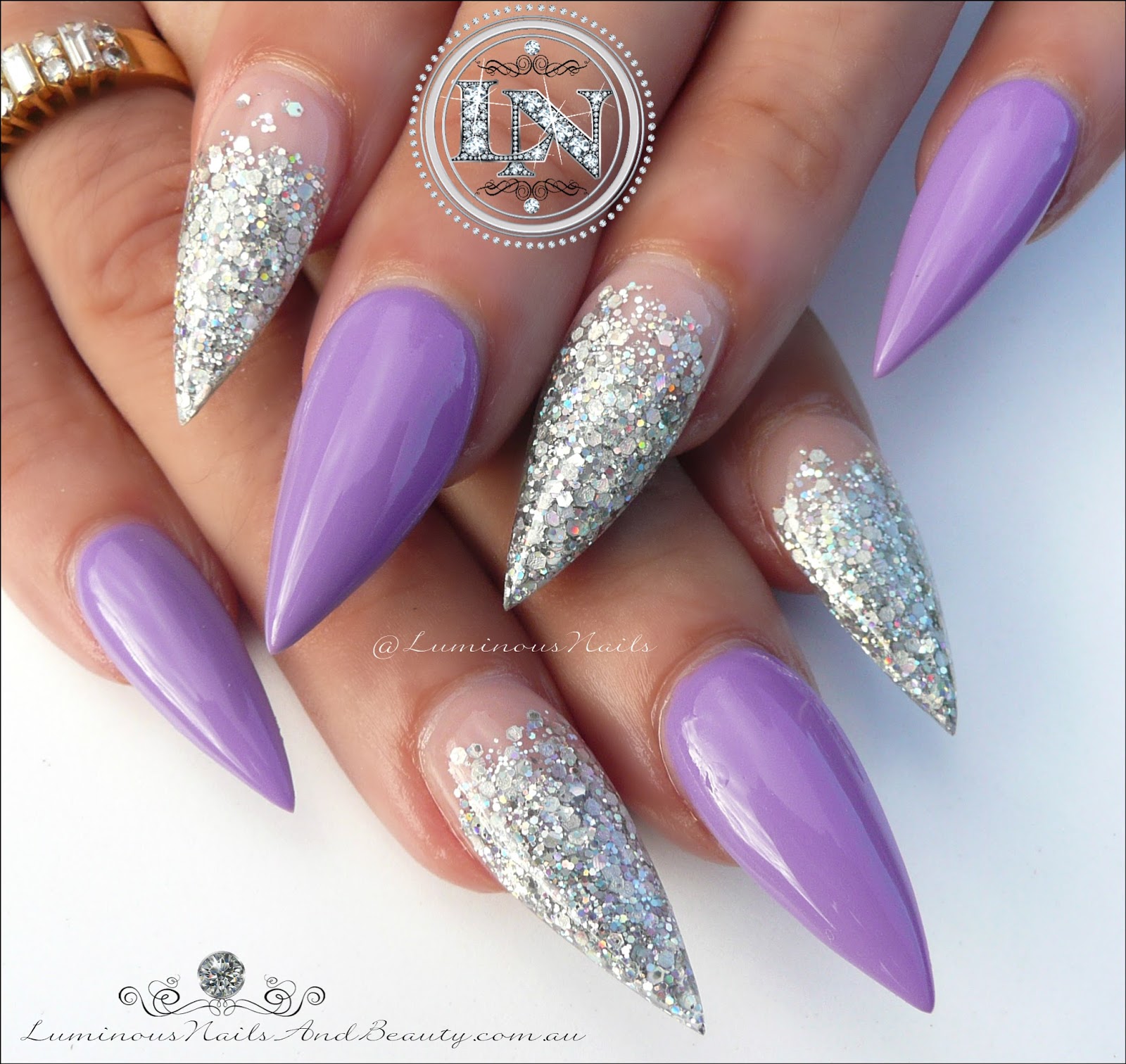 Luminous Nails Stunning Purple Silver Sculptured Acrylic Stiletto Nails