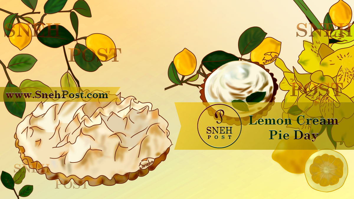 Lemon Cream Pie Day illustration: Lemon cream maringue pie with whipped cream and lemons branch in background