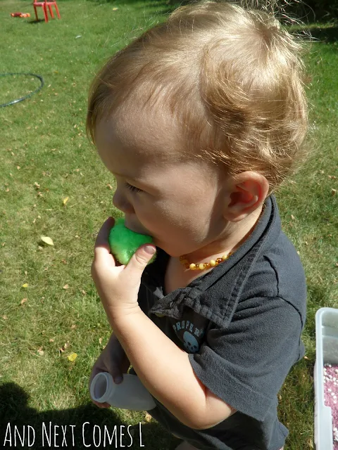 Toddler mouthing a large green pom pom as part of a Gruffalo sensory activity