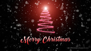Red Shining Merry Christmas Text With Abstract Christmas Tree Sparkle Glitter Light Path Against Falling Snowflakes In Wind With Dark Background