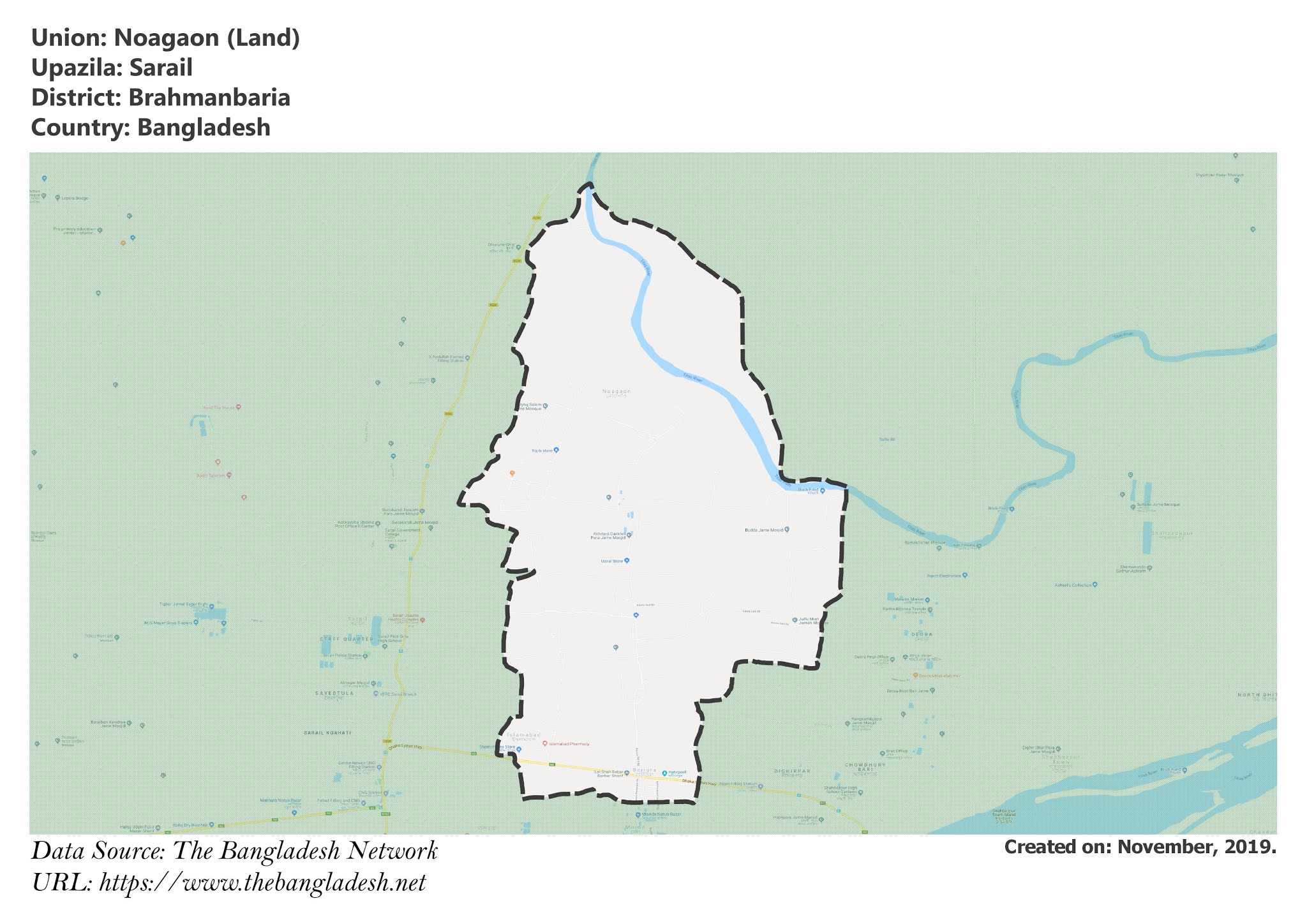 Map of Noagaon of Brahmanbaria, Bangladesh.