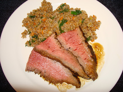 GRILLED MARINATED FLAT IRON STEAK AND  BULGUR WHEAT WITH LEEKS AND SPINACH PORTIONS: 5 INGREDIENTS 2 lb. Flat iron steak 2 tsp. red wine vinegar 3 tbsp. Worcestershire’s sauce 2 garlic cloves minced ½ tsp. coarse sea salt ¼ tsp. ground black pepper ½ tsp. ground cumin 1 tbsp. olive oil METHOD Mix all the spices together except the olive oil.  Cover the flank steak with the mixture and let it marinate at room temperature for 1 hour. Turn it around every 15 minutes. Heat up well a griddle. Brush the oil over the flank steak. Cook and mark both sides of the flank steak. Cook the flank steak as you like it. Let it rest for a few minutes before slicing it allowing the juices to settle. BULGUR WHEAT WITH LEEKS AND SPINACH PORTIONS: 4 INGREDIENTS ¾ cup bulgur wheat 1 tbsp. olive oil 1 chopped shallot 1 minced garlic clove ½ cup finely diced carrots ¾ cup sliced leeks 1½ cups water ¾ tsp. salt 2 cups spinach strips METHOD In a small pot, heat up the oil at moderate temperature and sauté shallots, garlic, carrots and leeks together. Pour in water, salt, bring it to a boil.  Add bulgur wheat, reduce the heat and cook until the liquid is absorbed. Mix in the spinach and let rest for a few minutes before serving.