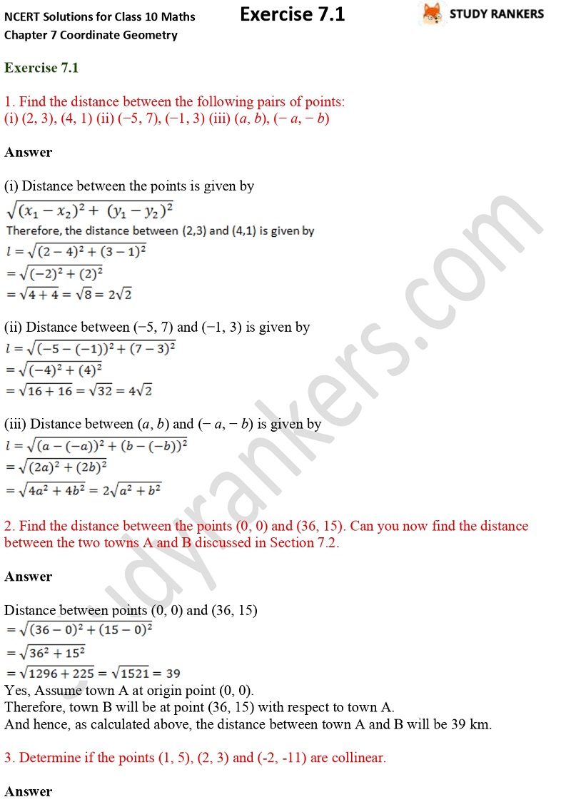 NCERT Solutions for Class 10 Maths Chapter 7 Coordinate Geometry Exercise 7.1 Part 1