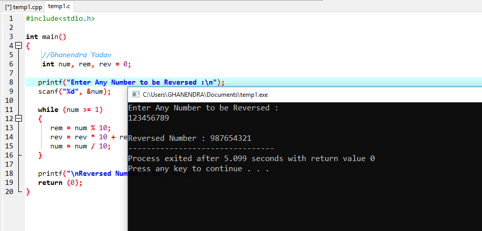 C Program For Reverse A Number Using While Loop