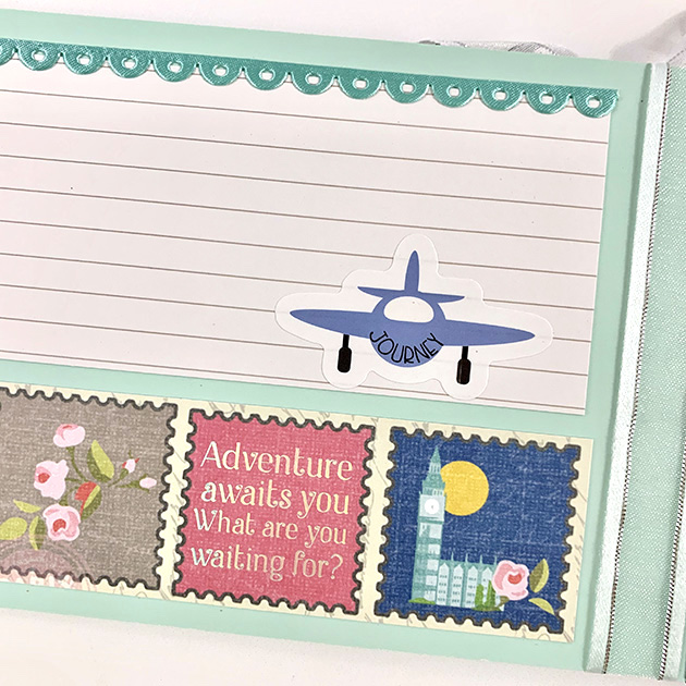 Travel Girls scrapbook mini album page with scallop trim, airplane, & stamps