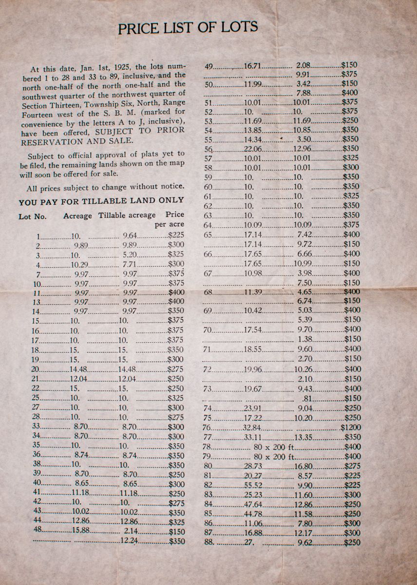 Leona Valley Ranch 1925 Subdivision Price List
