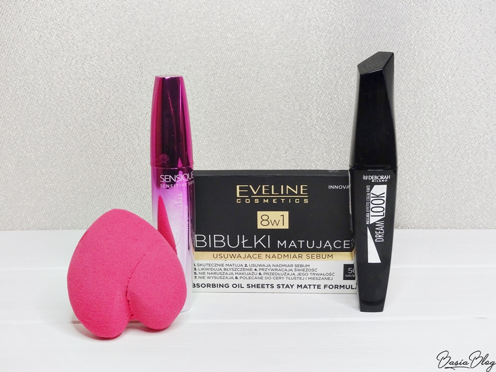 bibułki matujące Eveline 8w1, gąbeczka Loveblender, tusz Deborah Dream Look, tusz Sensique Long Lashes