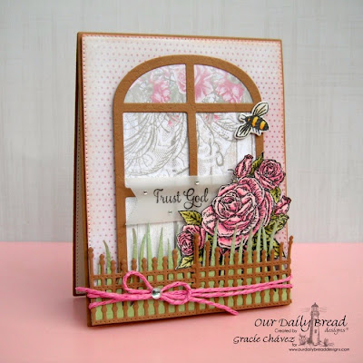 Our Daily Bread Designs, Belle Vignes, Butterfly & Bugs, Smell the Roses, Window dies, Gilded Gate dies, Flourished Star Pattern dies, Grass Border die, Butterfly & Bugs dies, Shabby Rose Collection, designed by Gracie Chávez
