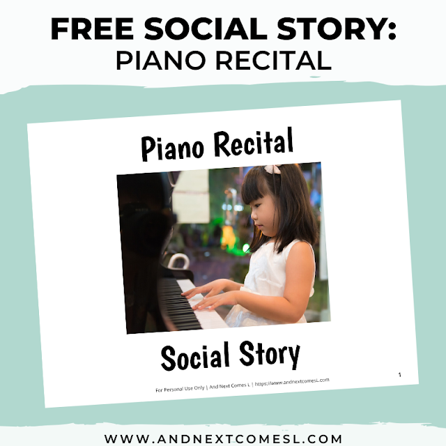 Free printable social story for kids with autism about performing in a piano recital or concert