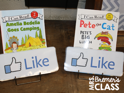 Use a Facebook type 'LIKE' sign to recommend a book in the classroom library! #reading #1stgrade #2ndgrade #readtoself #classroom #classroomsetup #classlibrary #teachertip